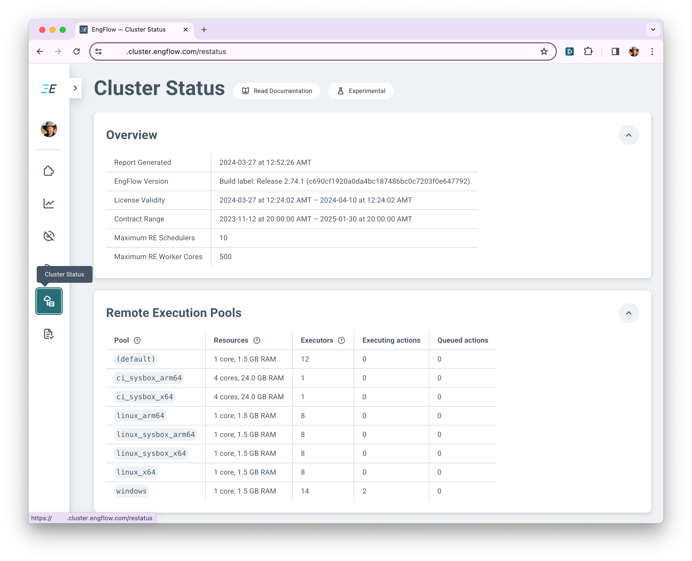 A cluster's Cluster Status page