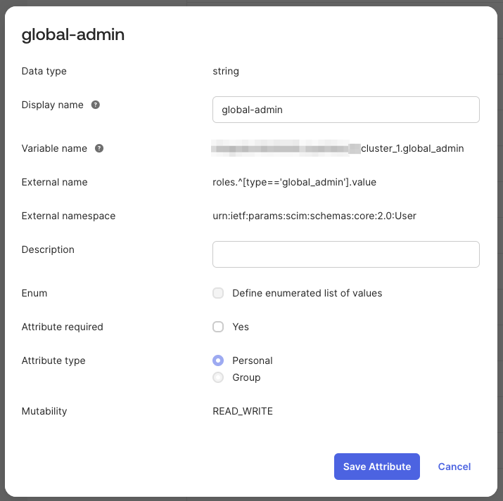 Okta Profile Editor showing the global-admin role attribute