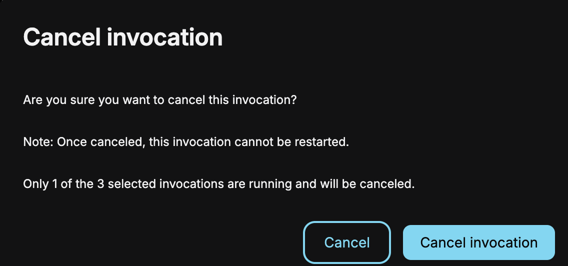 screenshot of the bulk-cancellation confirmation dialog noting that only some selected invocations are running