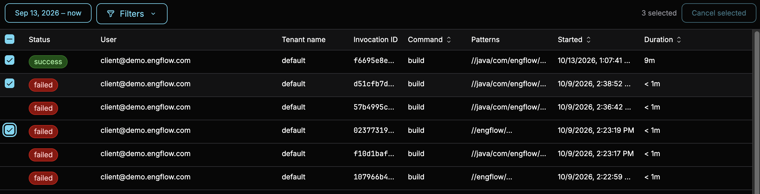 screenshot of a bulk selection of only finished invocations, with the Cancel selected button disabled