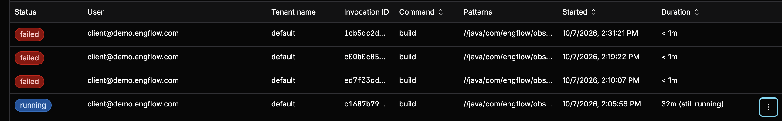 screenshot of the actions menu on a running invocation's row