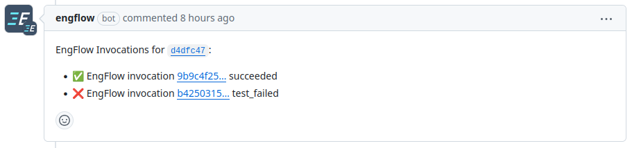 A GitHub comment posted by EngFlow indicating the status of builds